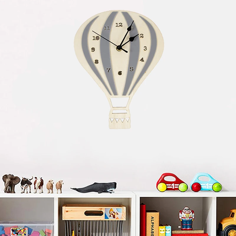 

Children's Wall Clock Cartoon Wooden Hot Air Balloon Shaped Non-Ticking Silent Clocks Boy Bedroom Nursery Living Room Decoration