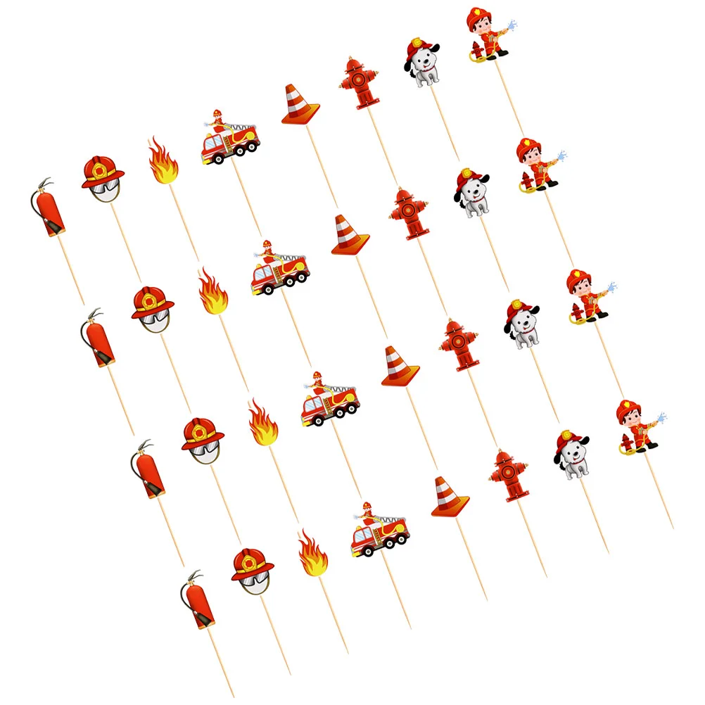 32 PCS Firefighter Birthday Cake Decoration Truck Decorations Picks Cupcake Toppers Dessert Wood Insert Party Baby