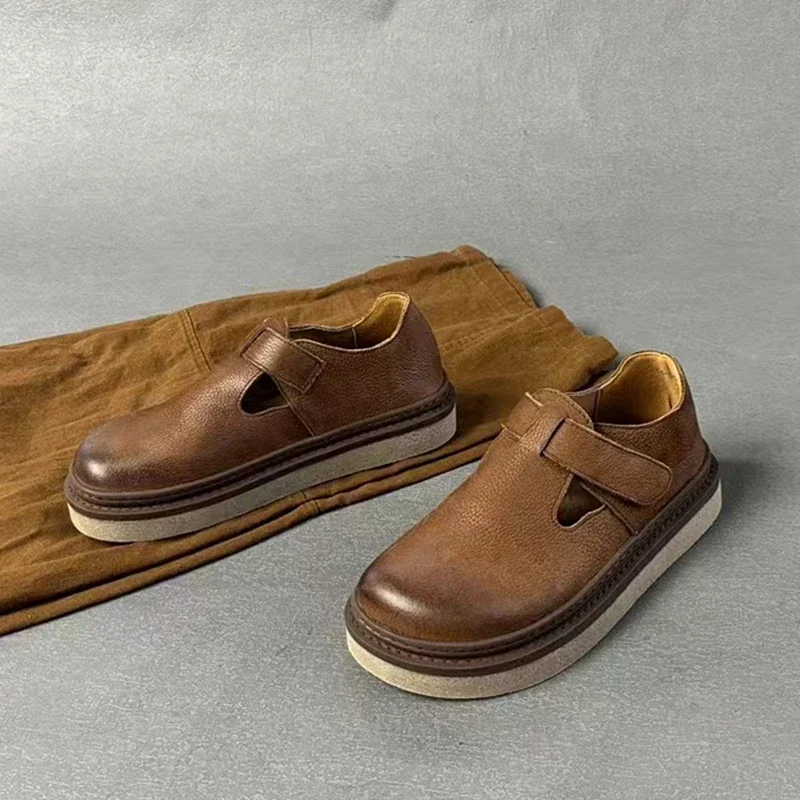 Mocasines de piel auténtica con suela gruesa para mujer, zapatos planos de piel de vaca Retro