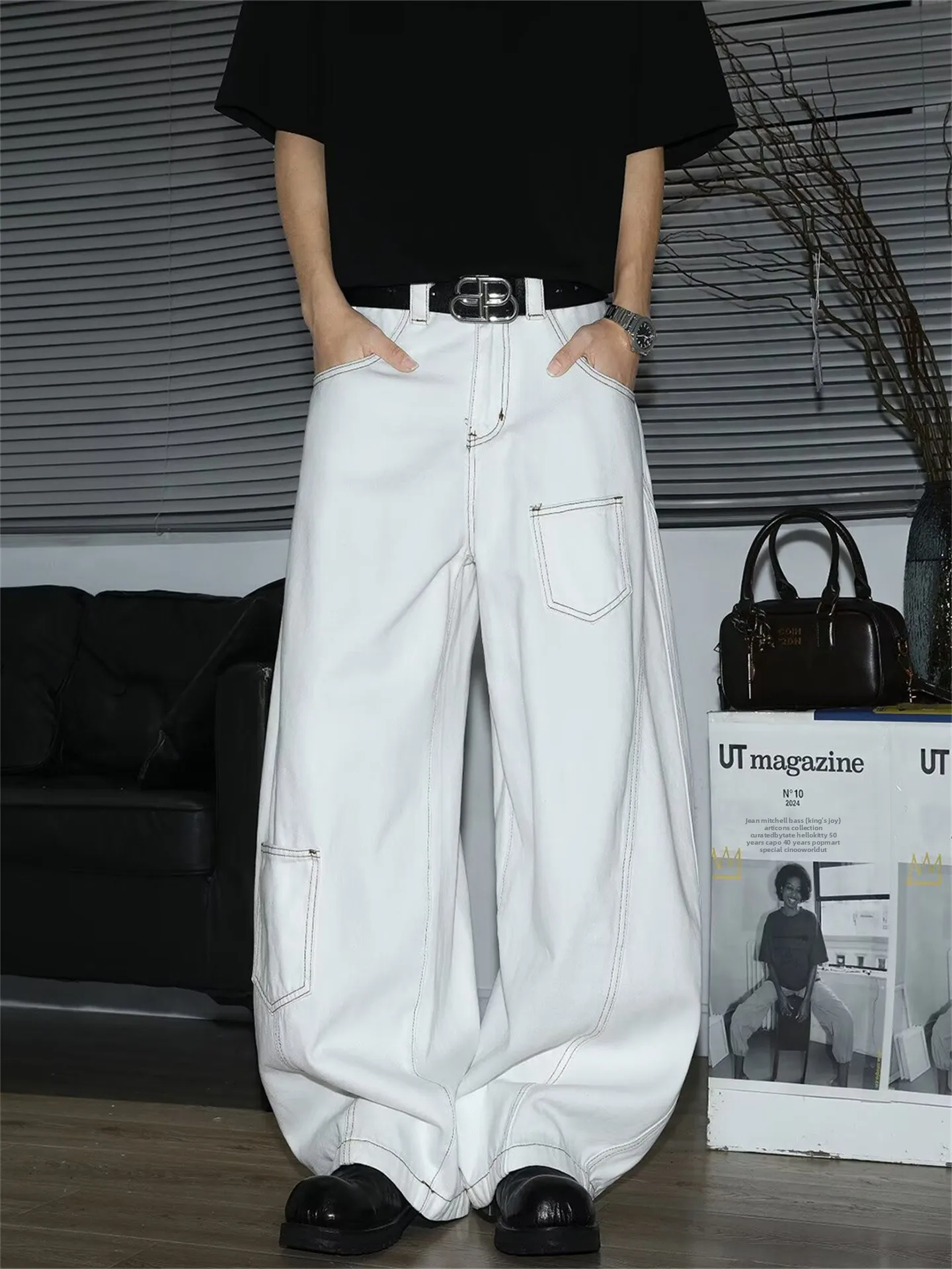 

White Wide Leg Loose Fit Casual Jeans Men's Trendy Brand American Deconstructed Pocket Design Laid-back Style Loose Long Pants