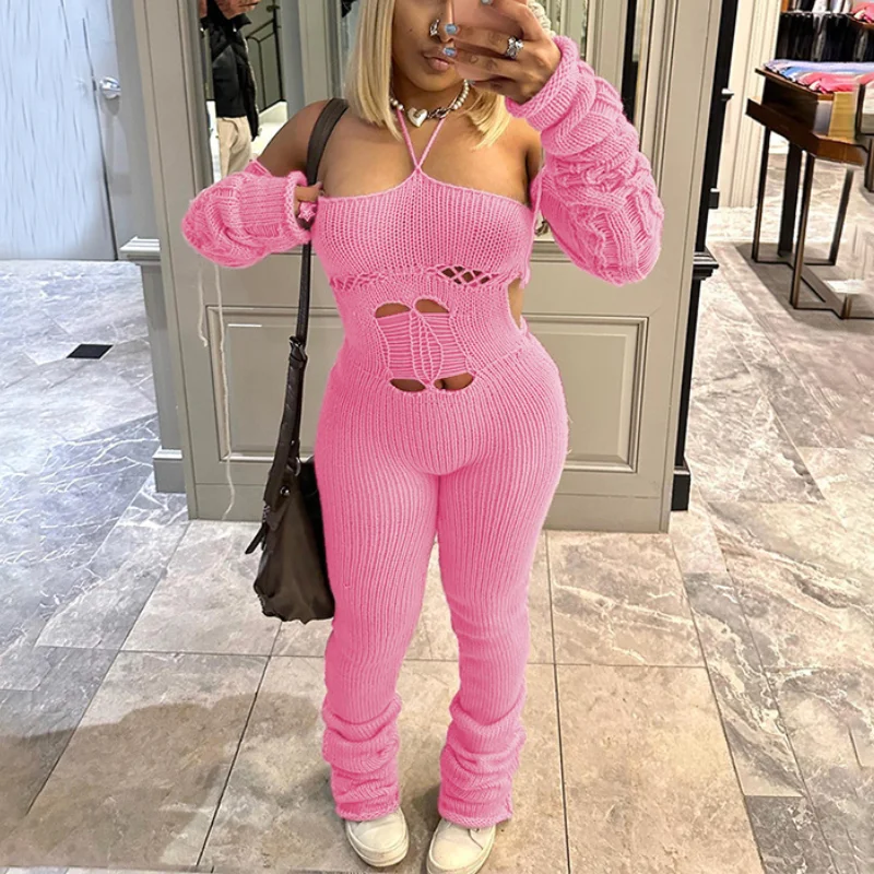 Y2K Long Jumpsuit for Women Sexy Knit Bodysuit Full Length for Women Pink Romper Vintage Pants Sets Club Outfit Female Clothing