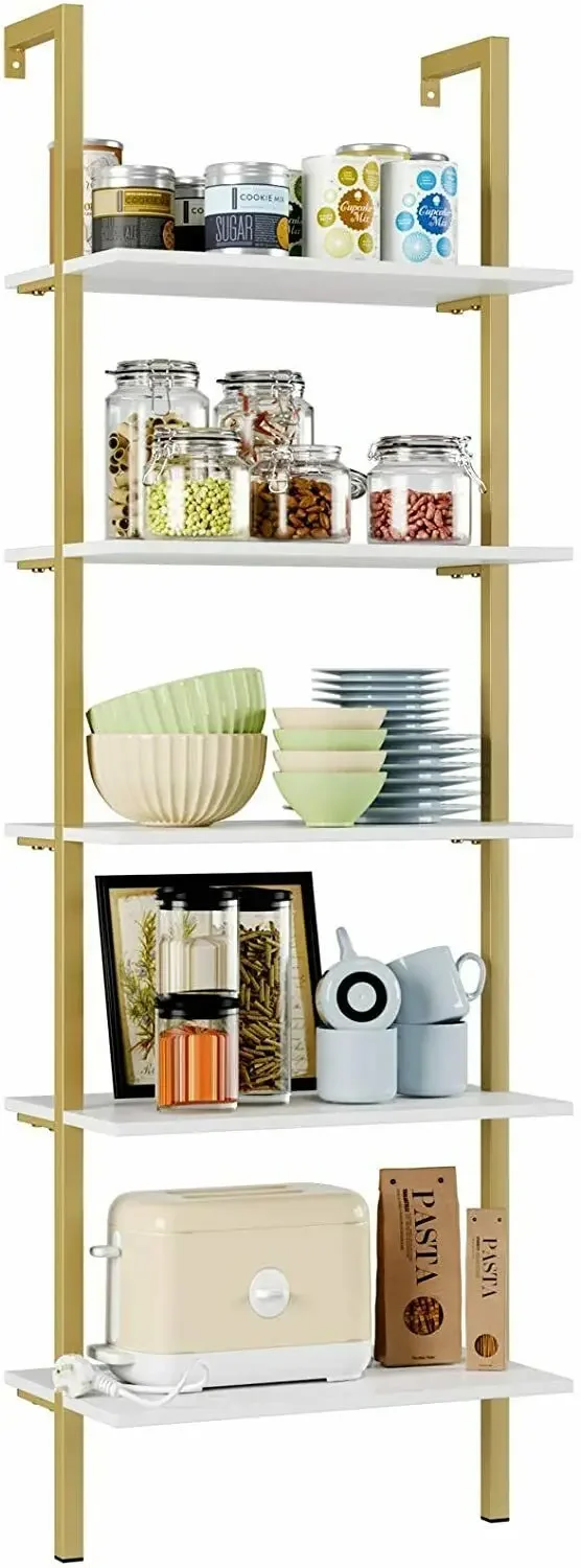 Ladder Shelves Wall Shelf Modern Bookshelf Storage Rack 5 Tier Shelving Unit Bookcase for Home and Office (Golden+White)