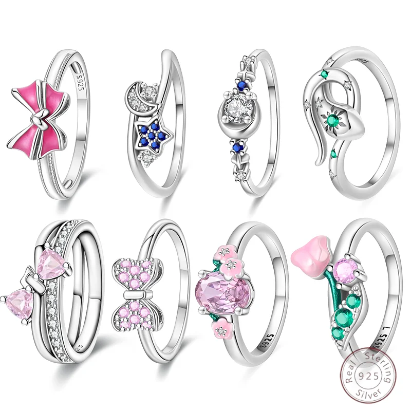

Original 925 Sterling Silver Rings Bow Heart Sun Moon Star Zircon Rings for Women Jewelry Birthday Anniversary Gifts