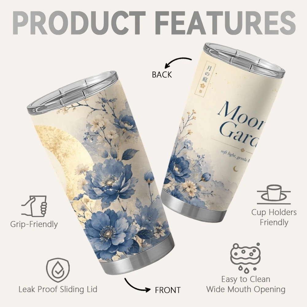 Midnight Moon Garden Vacuum Flasks 20oz Insulated Coffee Tumbler With 2 Lids Reusable Straw Wall Stainless Steel Cup