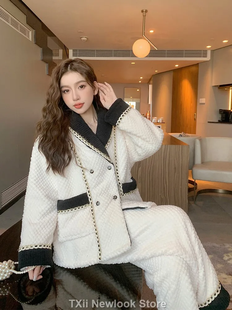 Coral Velvet Pajamas For Women In Winter New Style Thickened Warm Flannel Cardigan Household Suit Brand style casual sleepwear