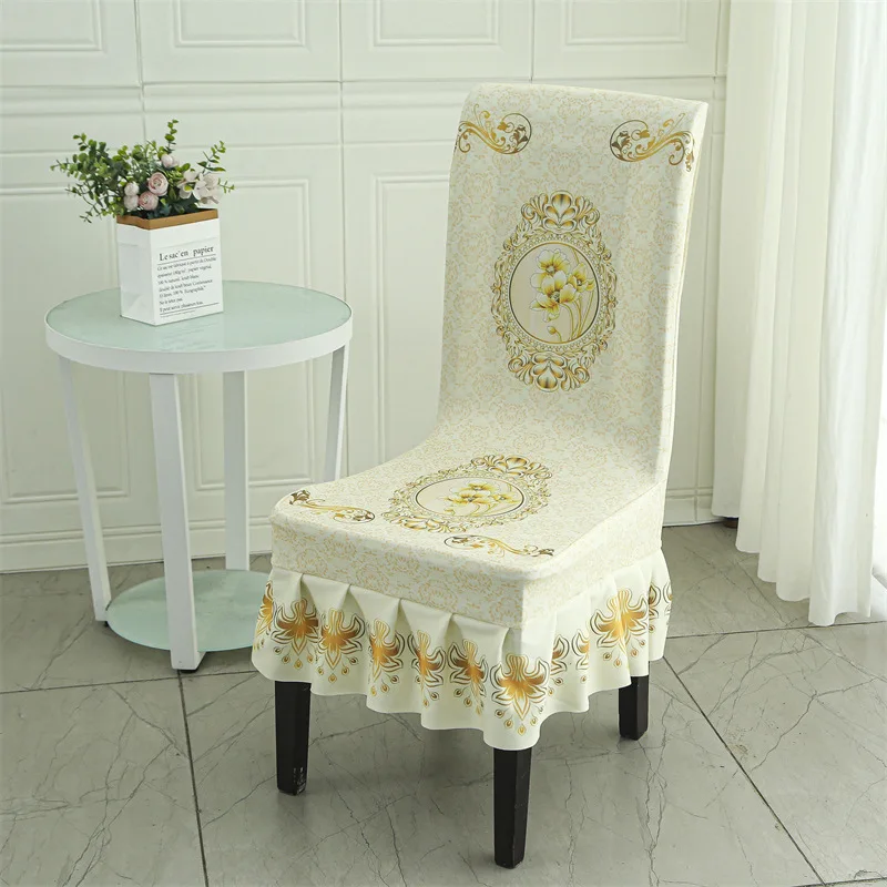 European Palace Printed Chair Cover with Skirt Luxury Universal Stretch Slipcovers for Hotel Soft Banquet Elastic Thick Textile