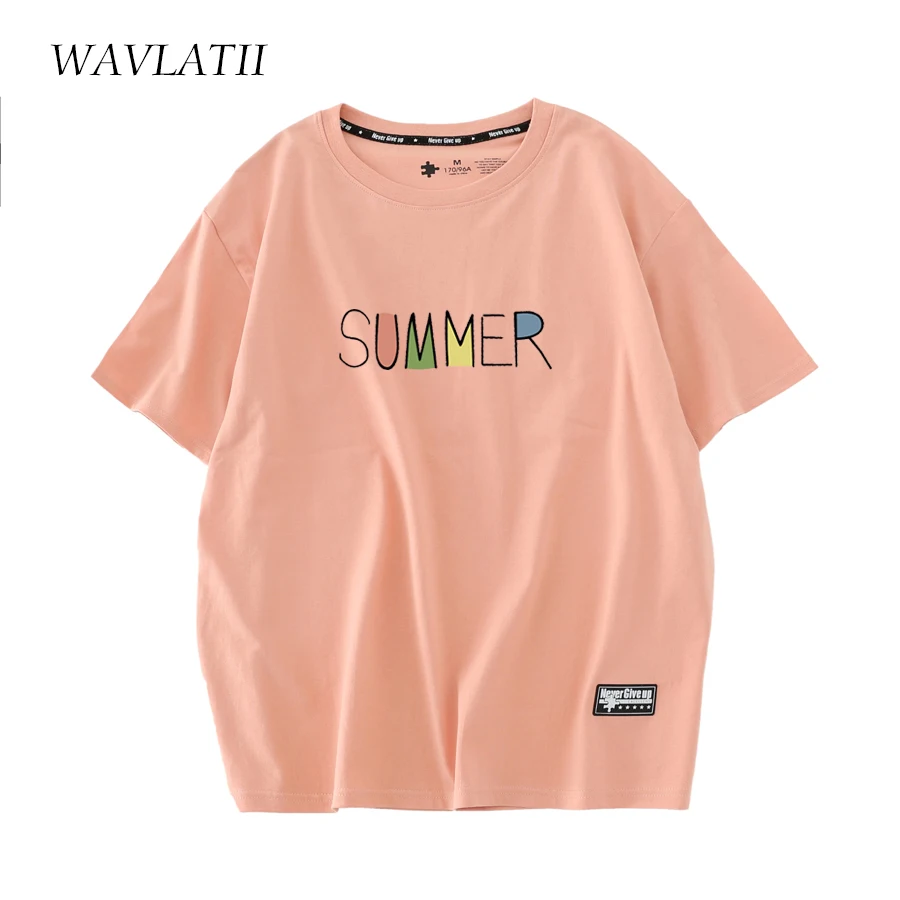 WAVLATII Women New Light Green Summer T Shirts Female 210g/m2 Cotton Fabric Tees Lady White Streetwear Short Sleeve Tops WT2303