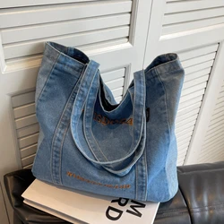 Large Capacity Denim Handbag Women 2024 New Casual Versatile Letter Embroidery Single Shoulder Bag College Commuting Tote Bag