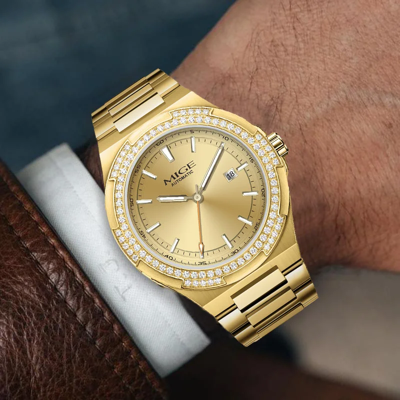 MIGE Herrenuhren, mechanische Automatikuhr, wasserdicht, Top-Marke, Diamant, luxuriös, leuchtender Kalender, Armbanduhr aus Edelstahl