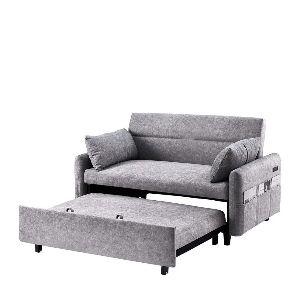 Foldable gray microfiber fabric pull-out sofa bed