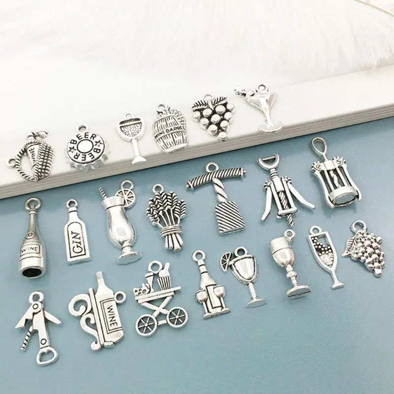 

P9FE 63Pcs Mixed Antique Silver Wine Glass Grape Cocktail Bottle Opener Charms Pendants DIY Jewelry Making Necklace Bracelet