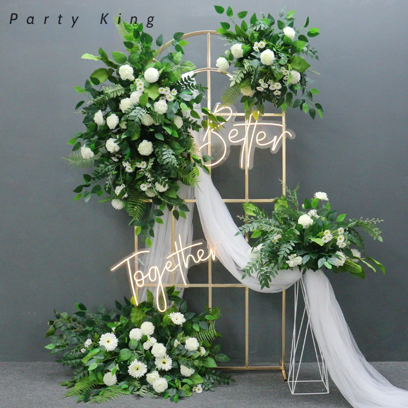 Green Leaves White Rose Artificial Flowers Wedding Background Arch Flower Arrangement Decoration Hanging Flower Row Welcome Sign