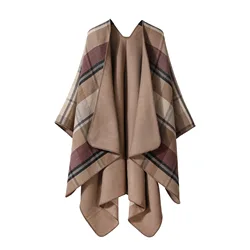 Checker Knitted Shawl Women Warm Autumn Winter Reversible Cloak Geometric Pattern Poncho Lady Capes Coffee Cloaks