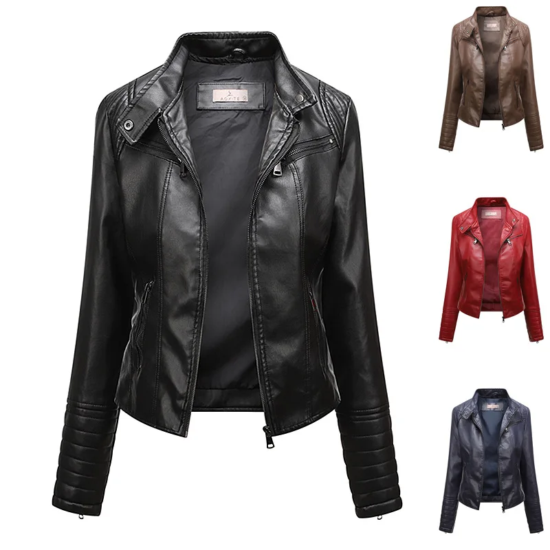 

Women's Leather Jaet Biker Sle Outerwear Ultra-Thin Artificial Leather Coat Motorcycle Clothes Autumn Season Faion