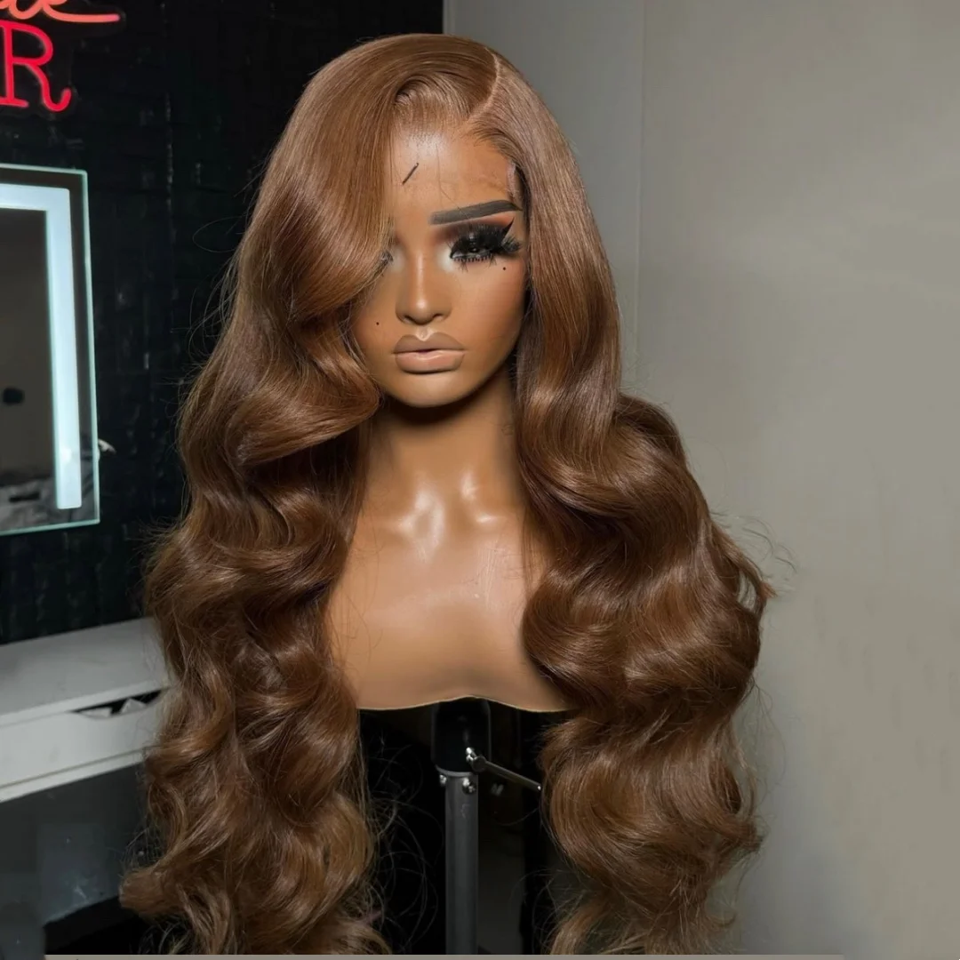 

Light Brown Chocolate Body Wave Wig Synthetic Lace Frontal Pre Plucked With Baby Hair 180% Density Fiber 13X4 Lace Front Wigs