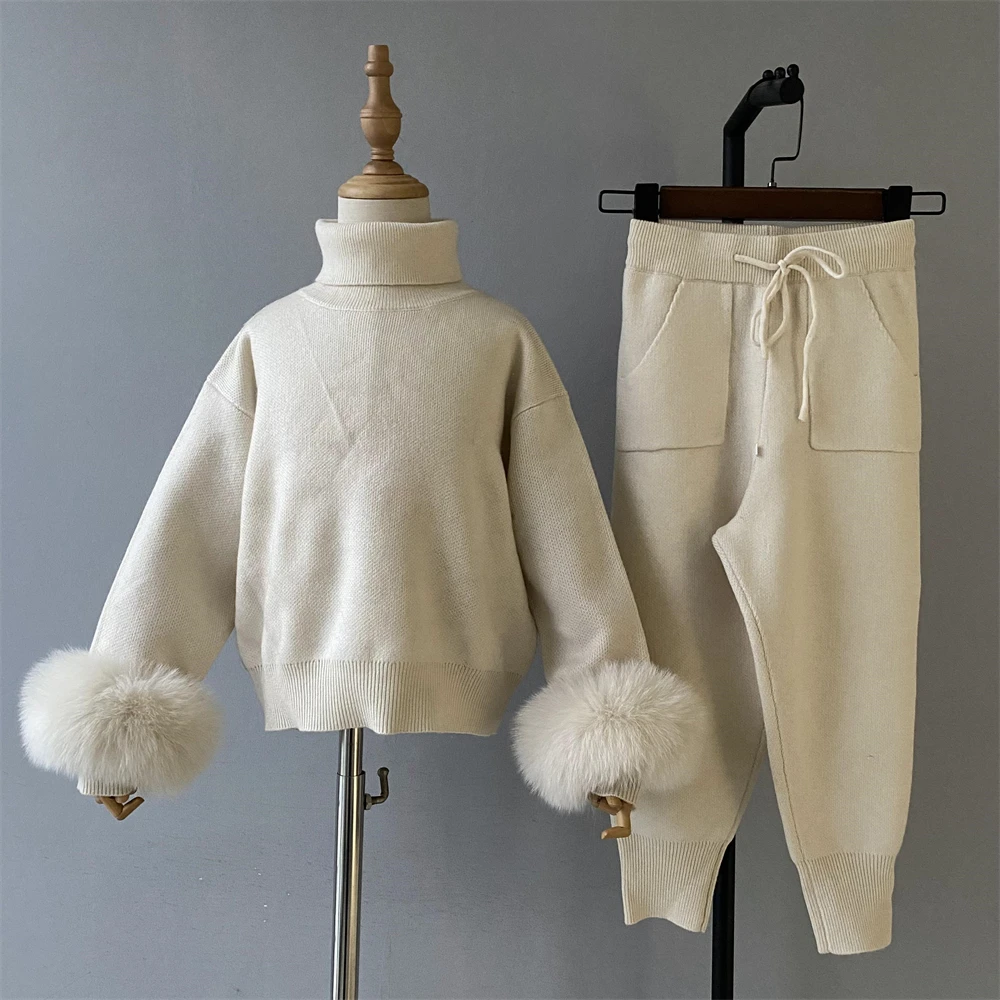 Jxwatcher Kids Wool Blend Sweater Set with Real Fur Child Turtleneck Sweater and Kintted Pants Girl Soft Warm 2 Pieces Sets Fall