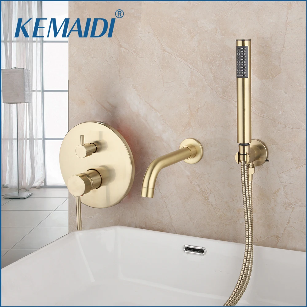 KEMAIDI Wall Mount Bathtub Faucet Bath Tub Faucet Set Swivel Tub Filler with Handheld Sprayer Solid Brass Rough-in Valve Mixer