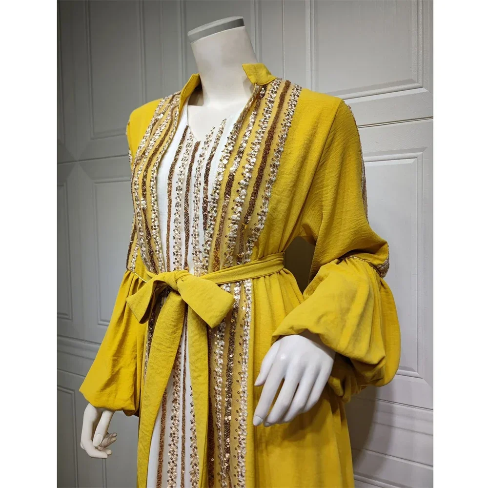 Marokko Eid Party Pailletten Jurk Elegante Vrouwen Open Kimono Abaya 2-delige Set Dubai Moslim Jurken Avond Lange Gewaad Vestido Outfit