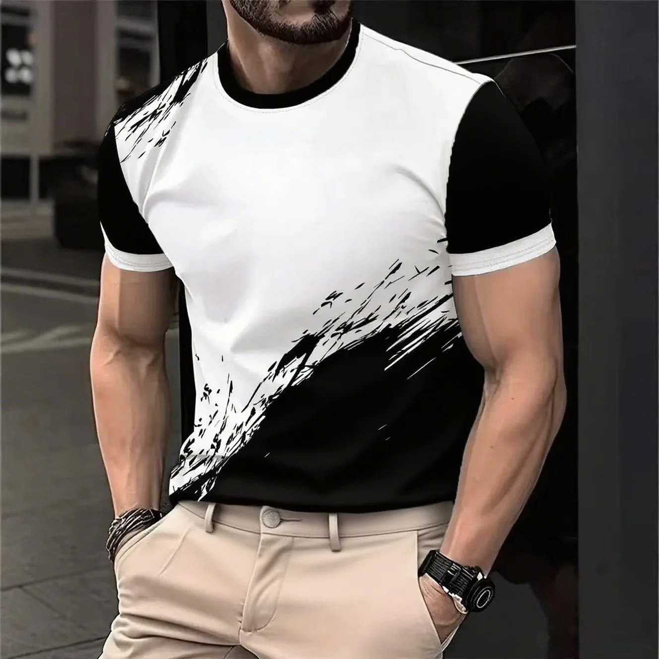 

New Summer Striped Printed Men's T Shirt Fashion Casual Round Neck Short Sleeve Top Simple Daily Menswear Breathable Sports Tee