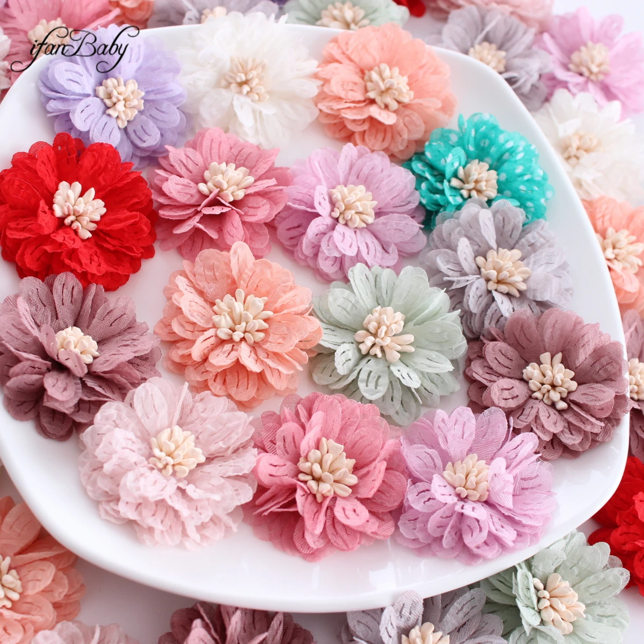 4.5CM Fashion Solid Artificial Fabric Flowers With Stamen For Hair Accessories Hairband Apparel Accessories 12 Colors