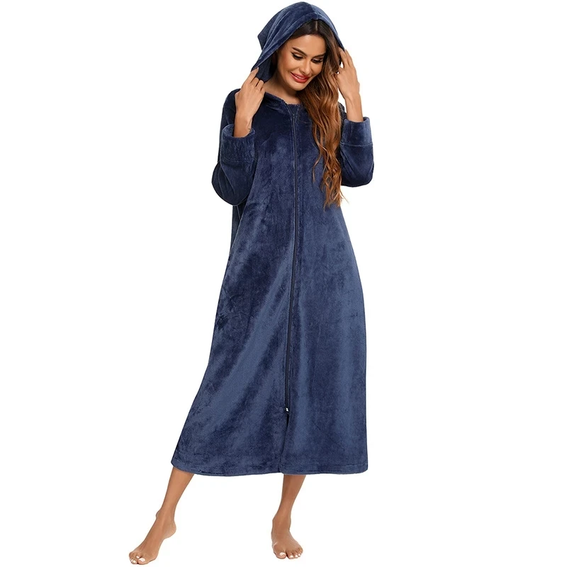 2024 New Winter Flannel Women's Front Zipper Robe Coat With Pocket Warm Bathrobe Hooded Solid Long Sleeve Gown Night Wear Women