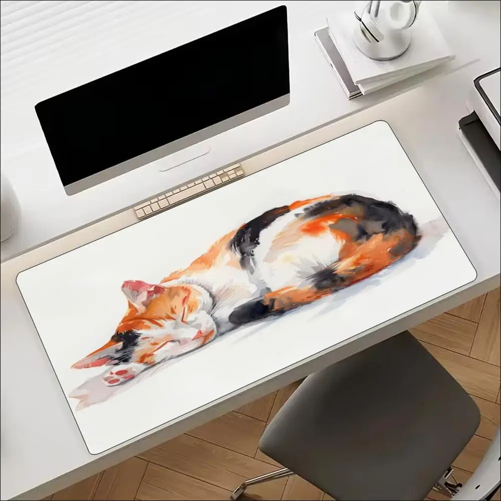 Oil Painting Sleeping Cat XXL Desk Mat Large Gaming Mouse Pad Non-Slip Rubber Base HD Print Stitched Border For Computer Tone