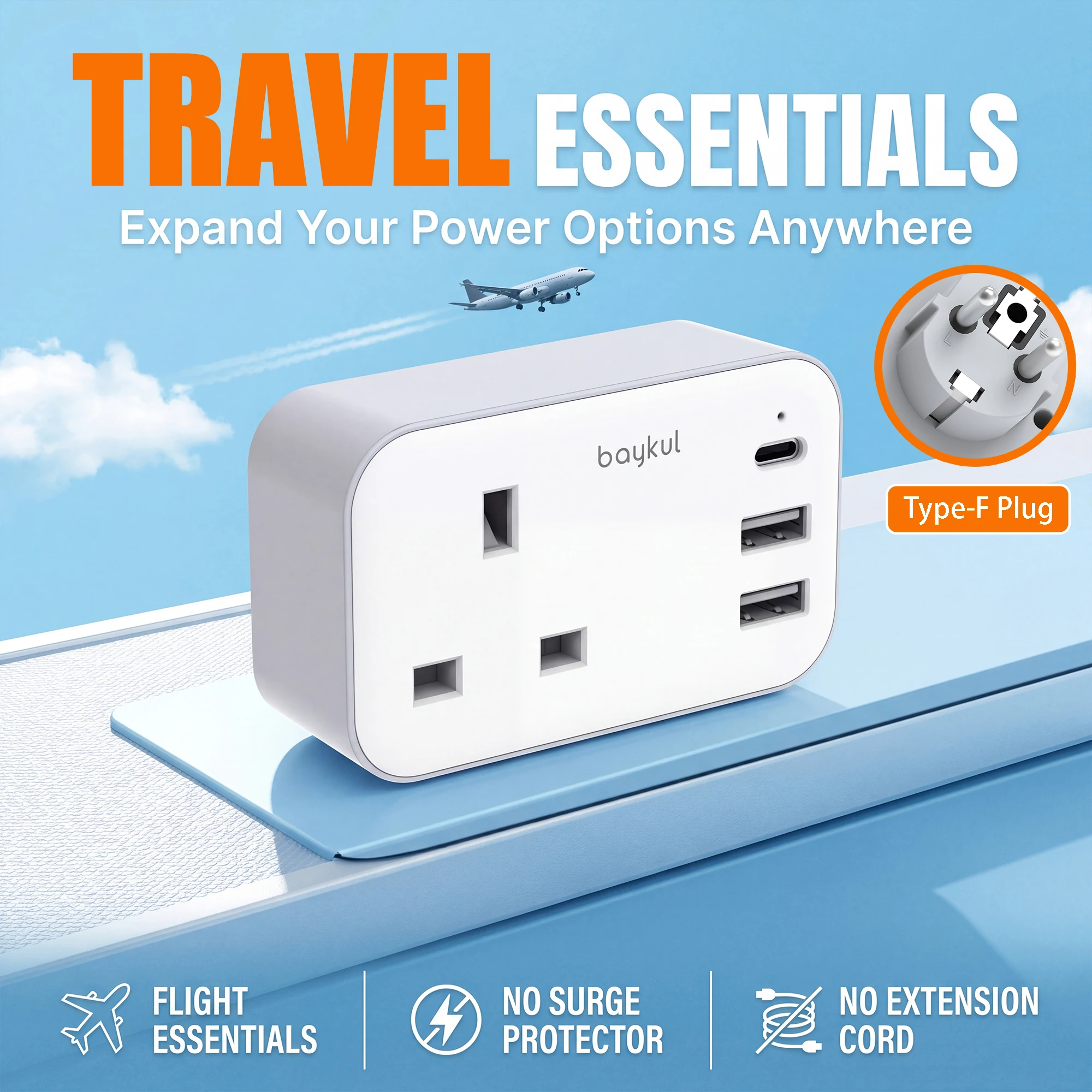 UK to EU Plug Adapter 13A 3250W 3USB Travel Adapter European Pin to UK Socket Compact Fireproof Wall Charger for France Germany
