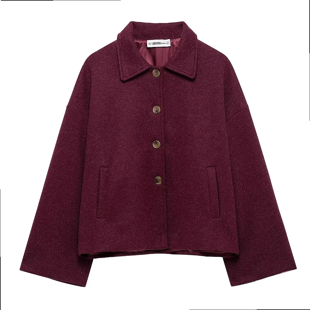 Wool Coat Notch Lapel Button Down Loose Overcoat Women Winter Spring Fall Outerwear Coats