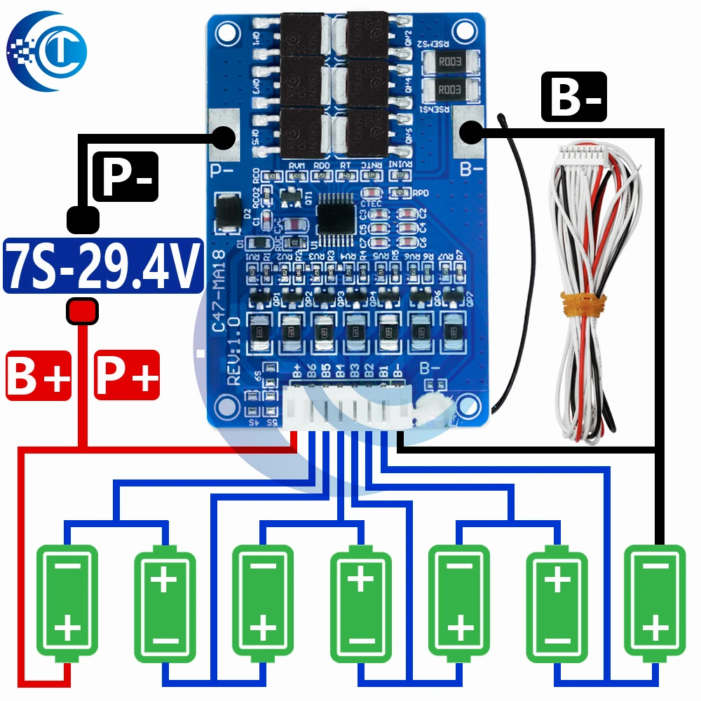 18650 Li-ion BMS Board: 4S-7S (16.8V-21V) 20A – LMO/Ternary Compatible, Balance & Temp Protection