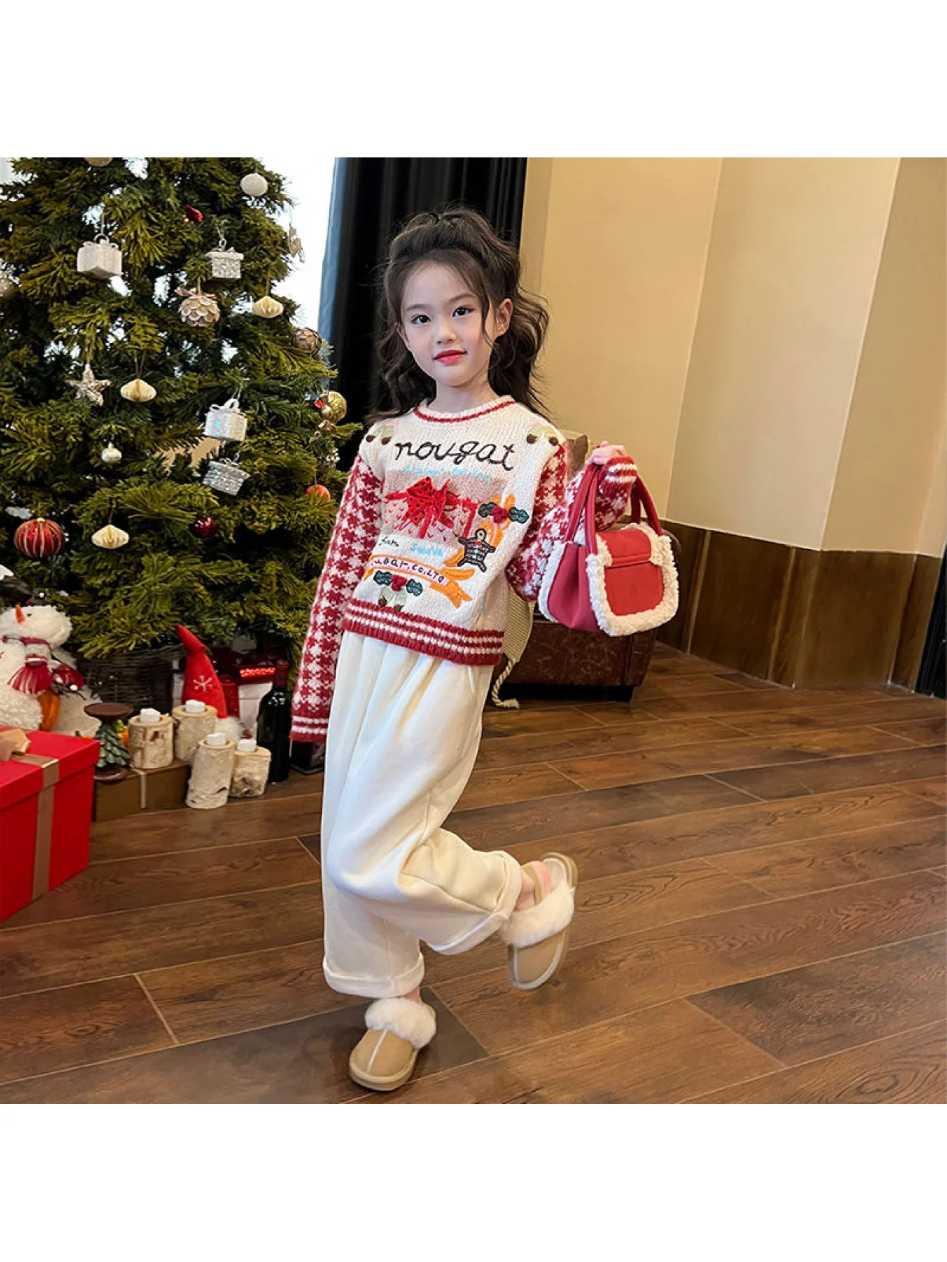 Children's Clothing Girls' Houndstooth Jacquard Embroidered Christmas Sweater Autumn and Winter Kidsren's Baby Knitwear