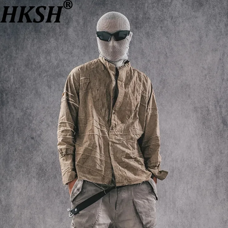 HKSH Spring Autumn New Men's Tide Heavy Washed Punk Spliced Waste Land Style Shirt Top Stand Collar Vintage Chic Ins Tops HK0121