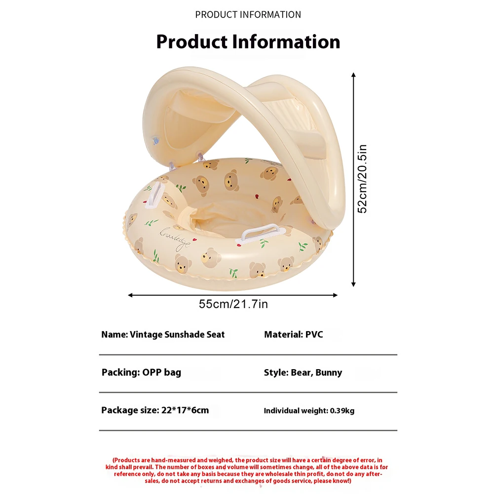 Baby Swim Ring Inflatable Pool Floats Leakproof Floral Pool Rings with Handles & Seat with Sun Protection Canopy for Boys Girls