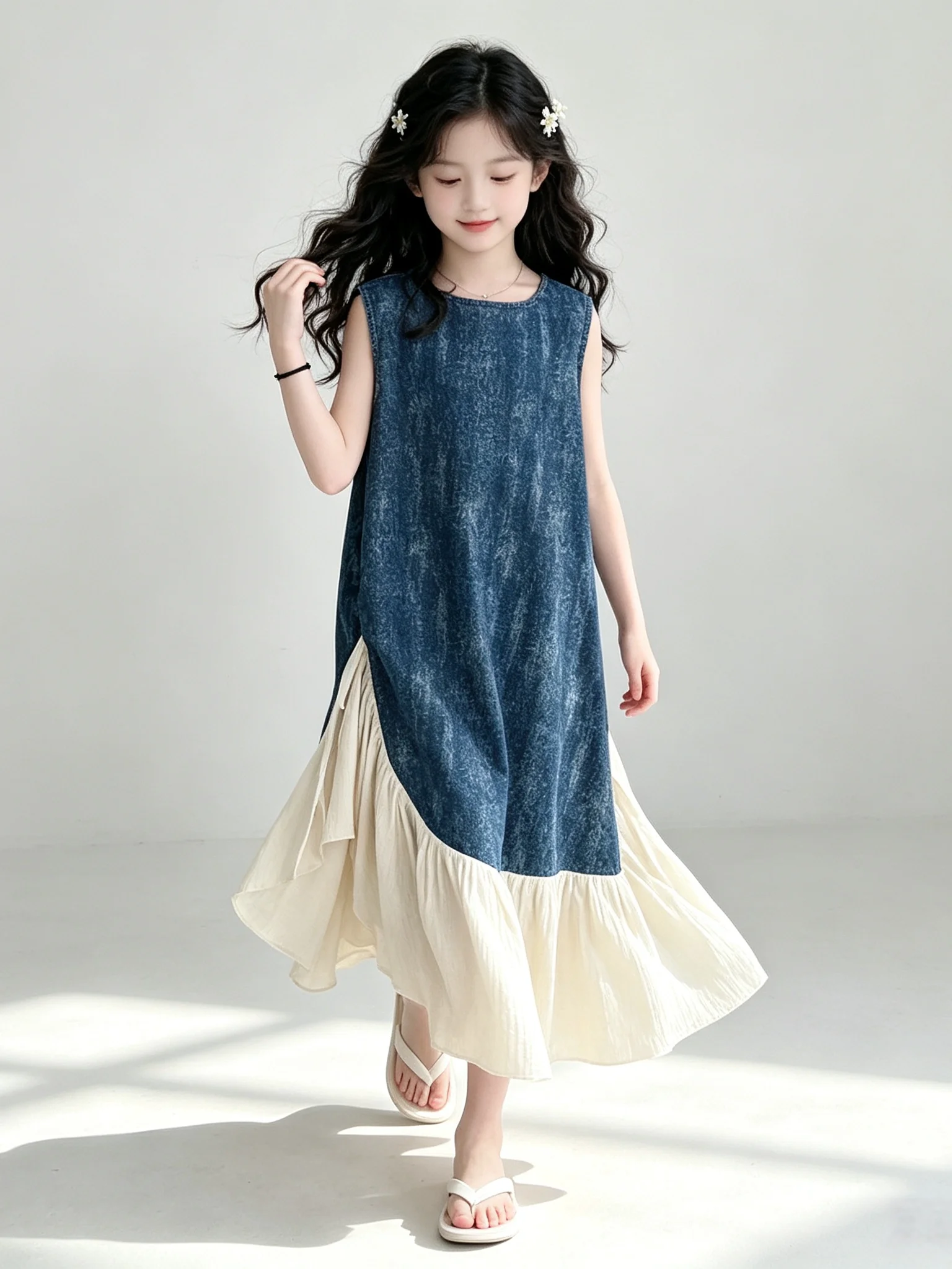 Vestido de Verão Estiloso para Meninas 2026 Novo Estilo Coreano com Cintura Alta Saia de Jeans Fina com Patchwork para Crianç...
