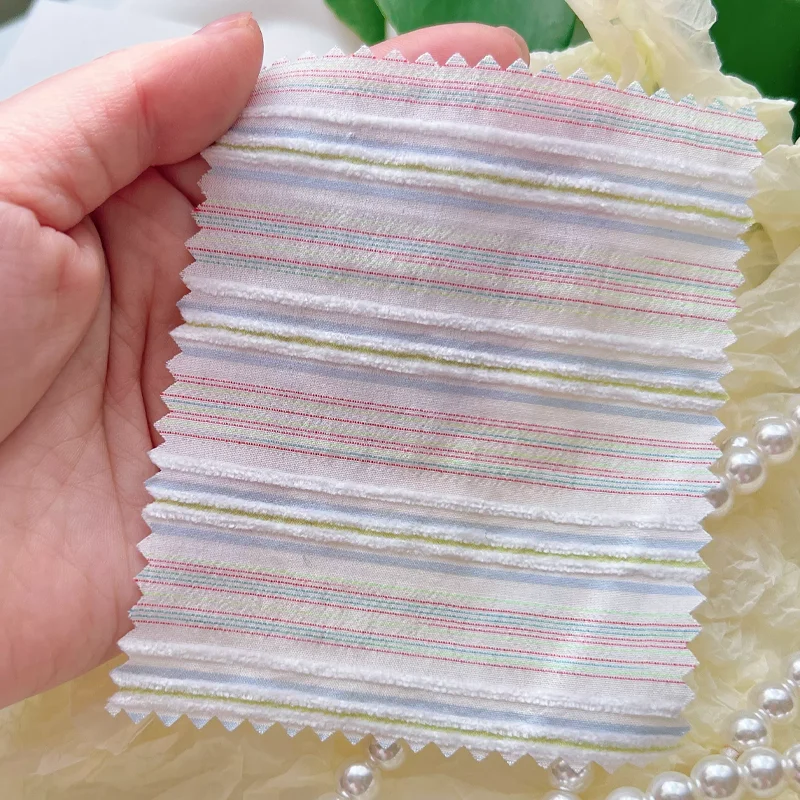 Cotton Polyester Chenille Striped Fabric Pink Green Tablecloth Curtains Pillows Dress Fabric view 2