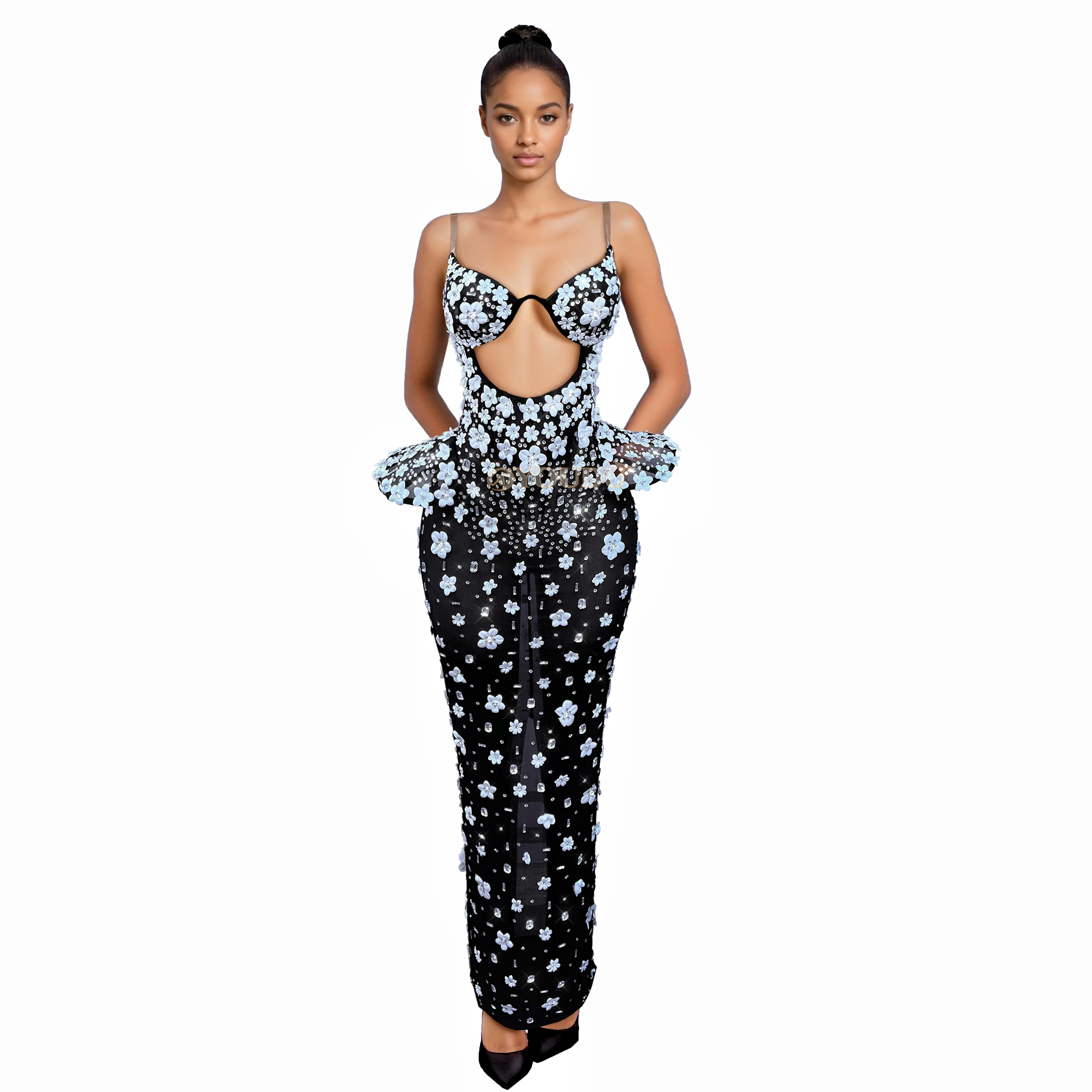 

Flashing Rhinestones White Petals Elegant Gown Sexy Transparent Mesh Dress Evening Party Gown Red carpet Show Outfit Bailianhua