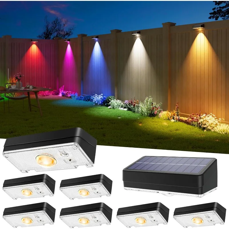 Solar Fence Lights Outdoor Set of 8 Super-bright Lumens Adjustable Three Colour Temperatures and RGB Automatic Dusk-to-Dawn Operation Suitable for Gardens, Railings, Pools, Porches and Backyards (Black Version)