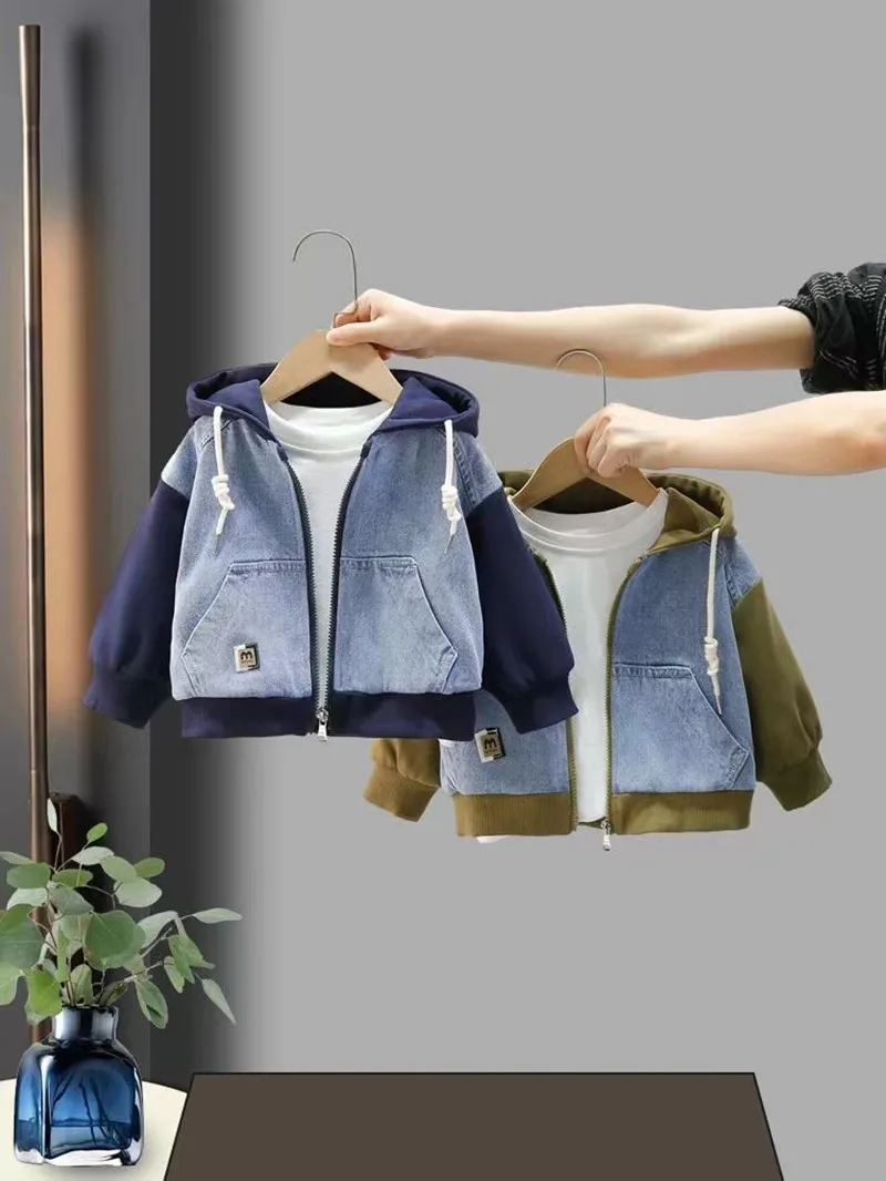 2-8Y ragazzi giacca foderata nuovi bambini Denim Patchwork cerniera felpa con cappuccio bambino bambino primavera e autunno giacca Casual cappotti