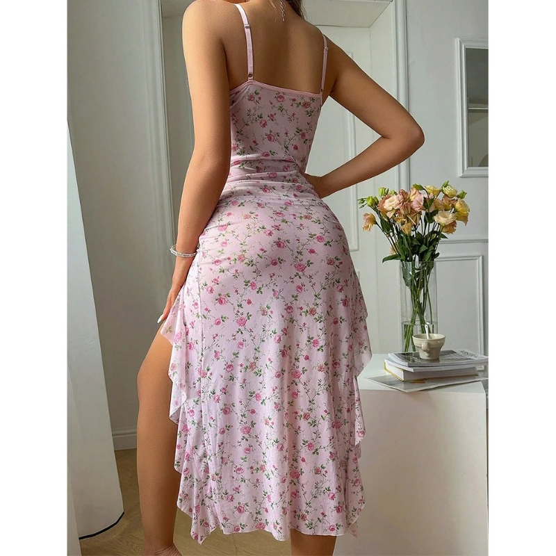 Camicia da notte con stampa da donna Abito da notte con cinturino per spaghetti Abito da pigiama con spacco laterale Abito lungo in rete rosa Pigiama estivo Camicia da notte sexy Homewear
