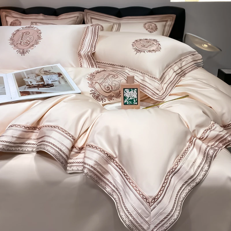 

Stripe Embroidery Bedding Sets Luxury Egyptian Cotton Duvet Cover Fitted Bed Sheet Pillowcases Solid Color Mattress Cover