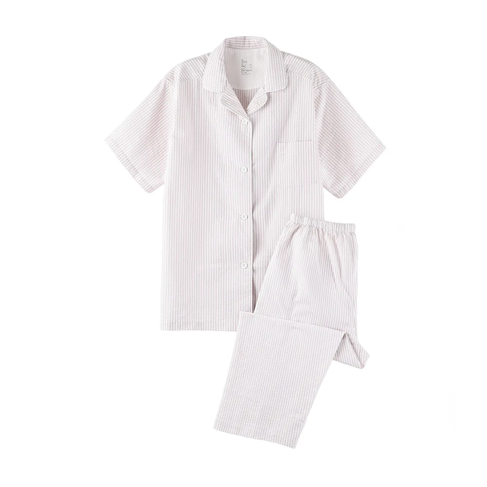 100% Cotton Short Sleeve Cropped Pants Suit Fashion Plaid Lounge Wear Pajamas For Women Summer Sleepwear Set Pyjamas Femmes