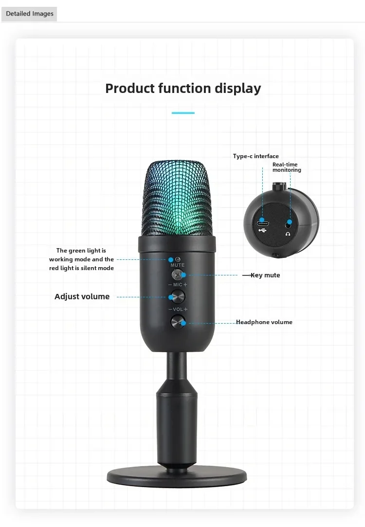 Professionele USB-condensator RGB-bekabelde microfoon voor computeropname en YouTube-podcastzang op pc en Mac