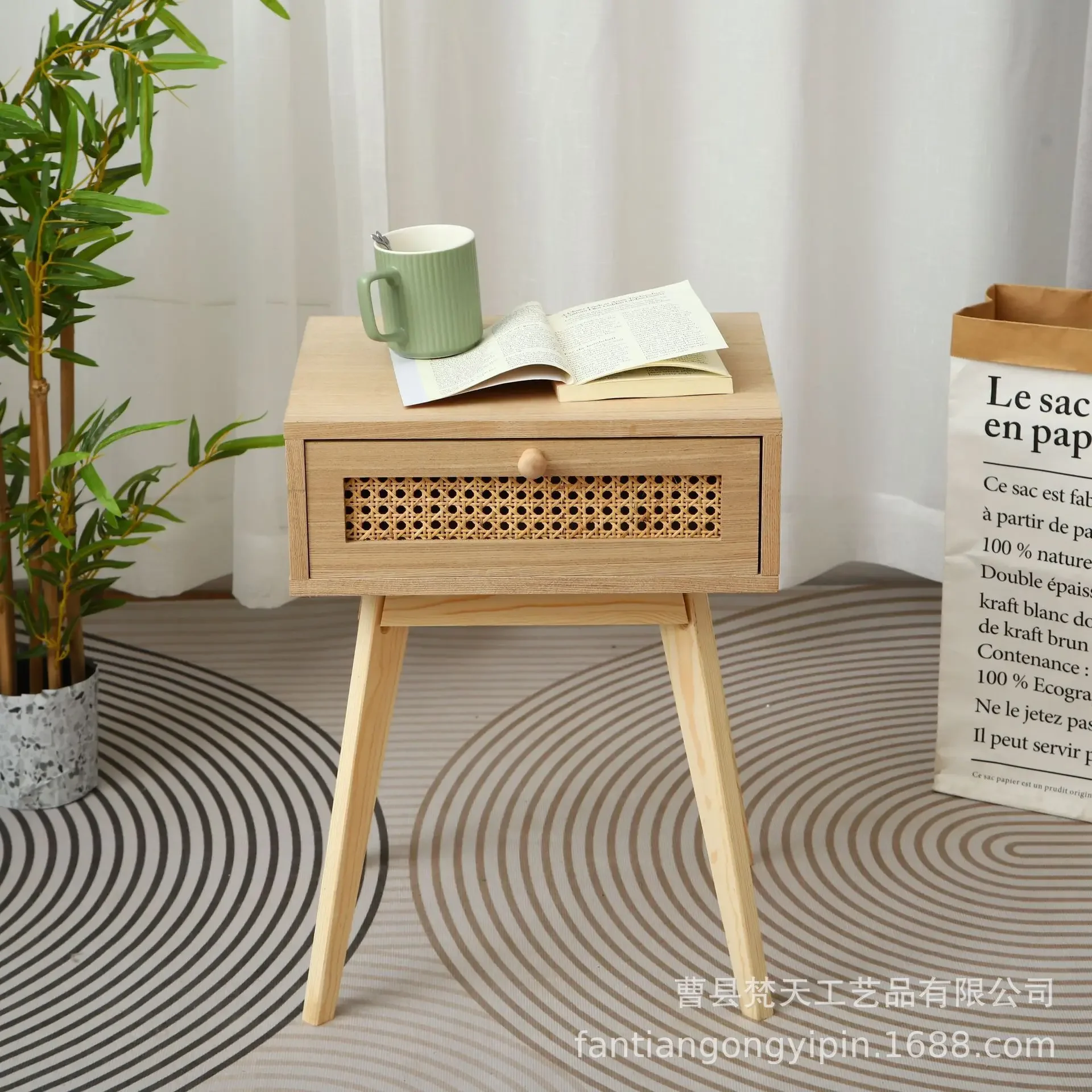 Wooden Bedside Table with Drawers Bedroom Rattan Side Table with Storage and Living Room Solid Wood Leg Bedside Table