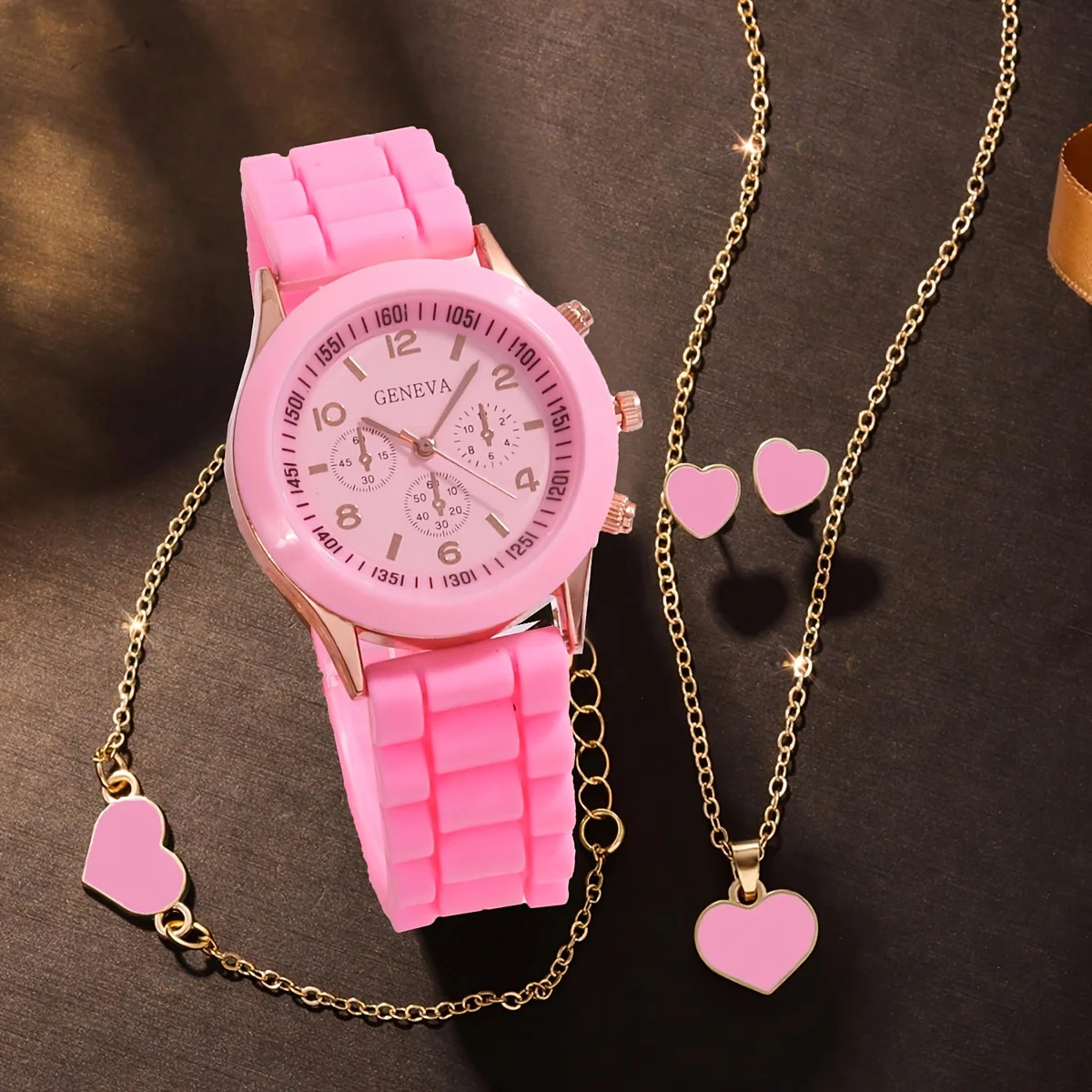 Reloj de pulsera de cuarzo de moda y conjunto de joyería de corazón: banda de silicona, esfera redonda digital, pantalla de puntero,