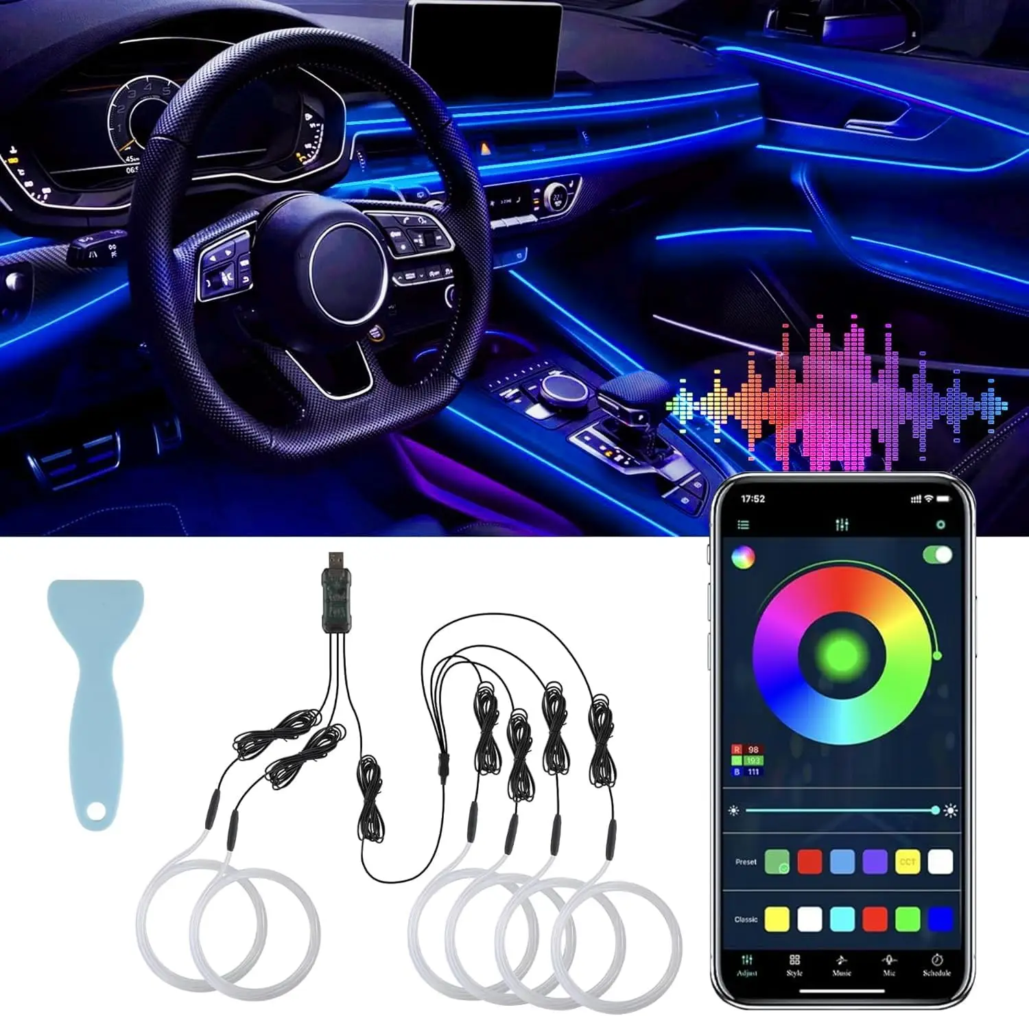

Smart LED Car Interior Lights with USB, Fiber Optic Ambient Lighting, Wireless App Control, Music Sync, 6-in-1 Decor Accessories
