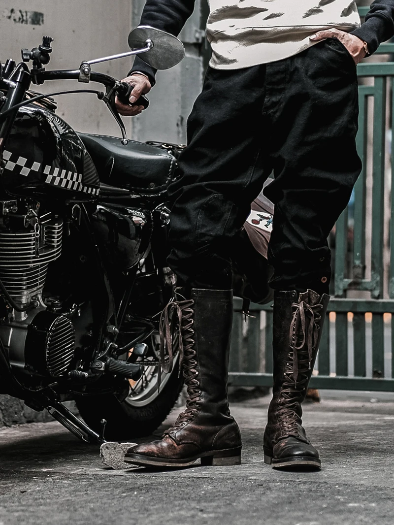 Non Stock Rugged Breeches Vintage Style Biker Pants Mens Motorcycle Trousers Black