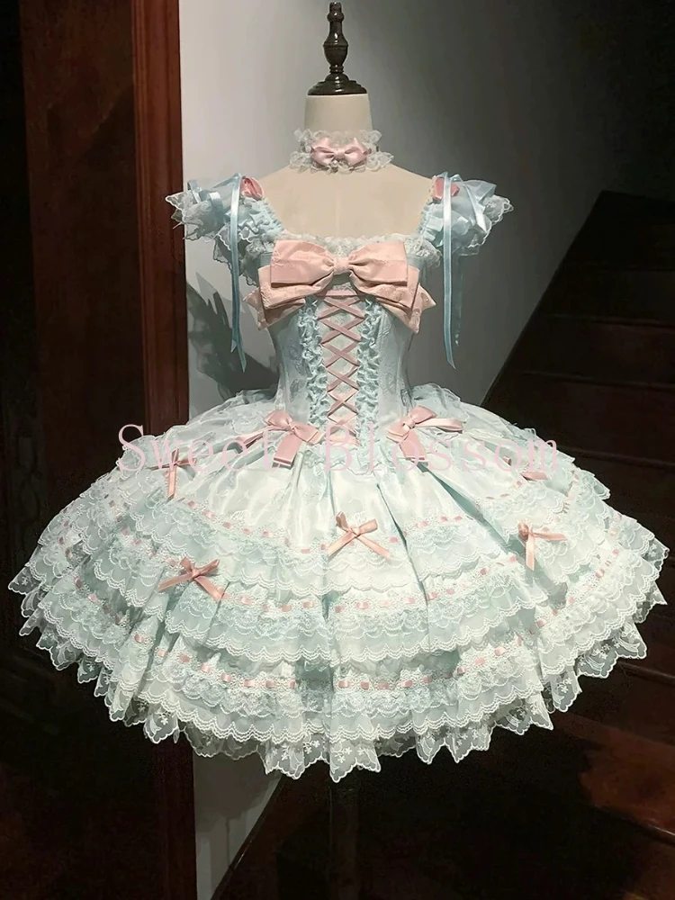 

Japanese Sweet Lolita Kawaii Fluffy Dress Women JK Lovely Ballet Princess Cake Dresses Harajuku Lace Bow Patchwork Cute Outfit