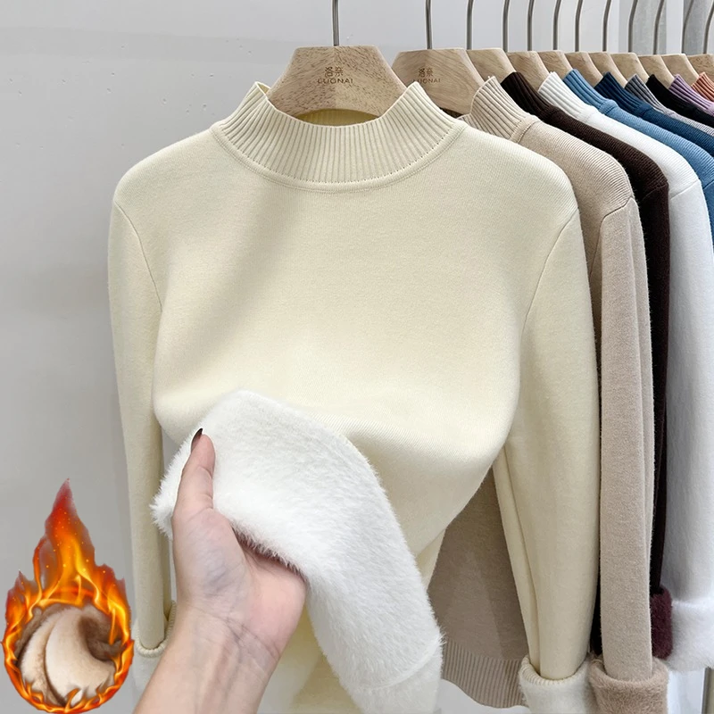

Women Elegant Thicken Velvet Lined Warm Knitted Pullover Women's Winter 2025 Turtleneck Sweater Solid Slim Versatile Jumper