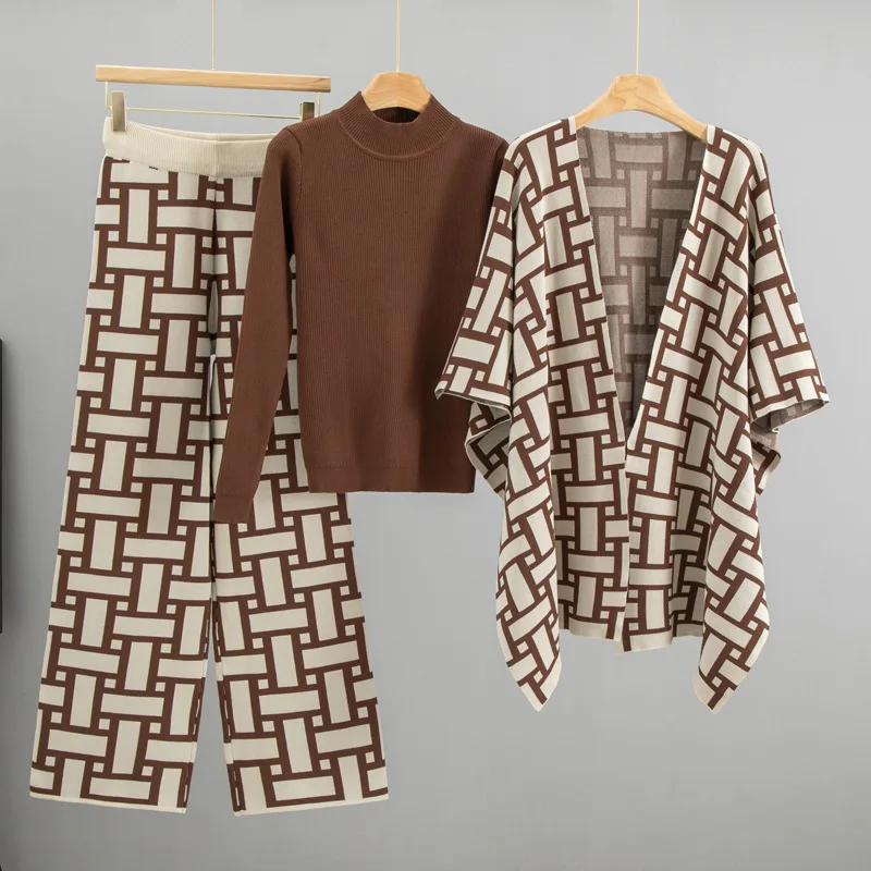 Autumn and Winter New High-end Temperament Shawl Sweater Set for Women's Fashion Jacquard Three Piece Set