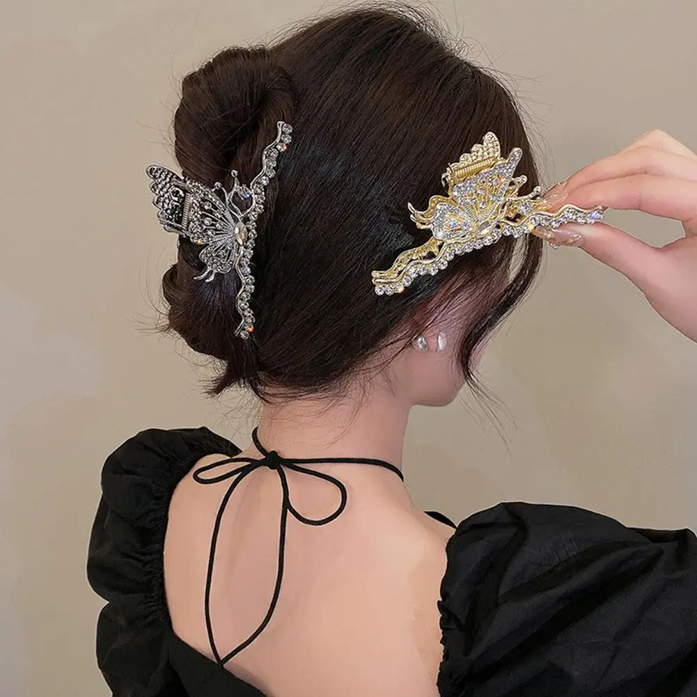 Retro Rhinestone Butterfly Grip Clip Female Fashion Geometric Ponytail Shark Clip Claw Clip Hair Accessories Headdress Gift