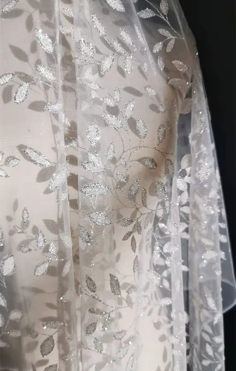 Fabric with Leaf and Glitter Bronzing, Transparent Mesh, Wedding Dress, Dessert Table Layout Dress